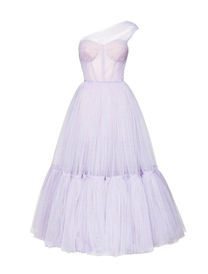 A-Line Puffy Fairy Homecoming Wedding Guest Dress One Shoulder Sleeveless Ankle Length Tulle with Pleats Pure Color