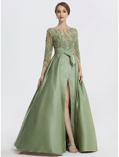 A-Line Evening Gown Elegant Dress Formal Floor Length 3/4 Length Sleeve Jewel Neck Satin with Slit Embroidery Appliques