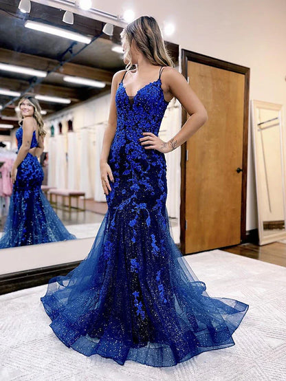 Mermaid / Trumpet Prom Dresses Sparkle & Shine Dress Formal Court Train Sleeveless V Neck Tulle Backless with Glitter Beading Appliques