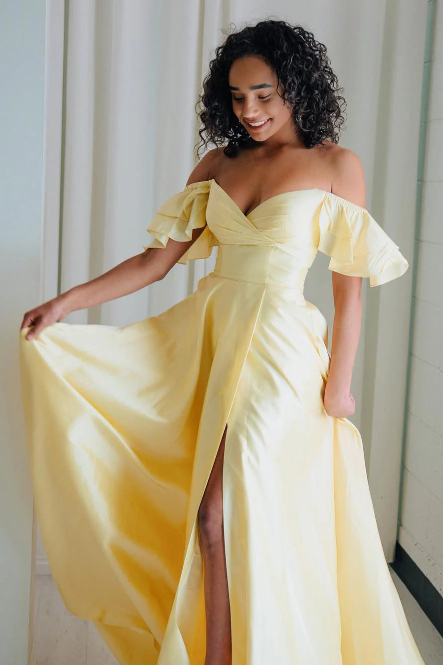 Off Shoulder Ruffles Long Yellow Wedding Guest Party Dress with Slit