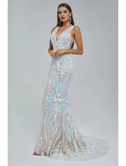 Mermaid / Trumpet Evening Gown Sparkle & Shine Dress Wedding Guest Engagement Court Train Sleeveless V Neck Sequined with Sequin