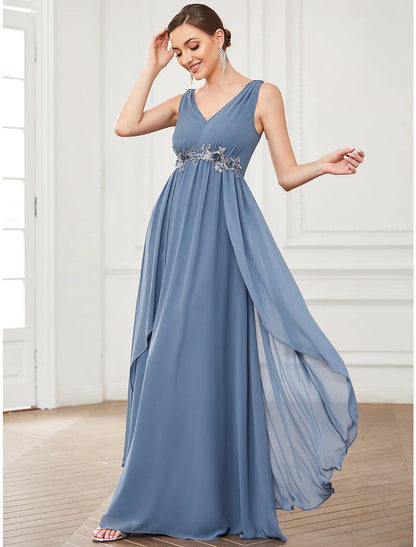 A-Line Prom Dresses Minimalist Dress Party Wear Floor Length Sleeveless V Neck Chiffon with Appliques