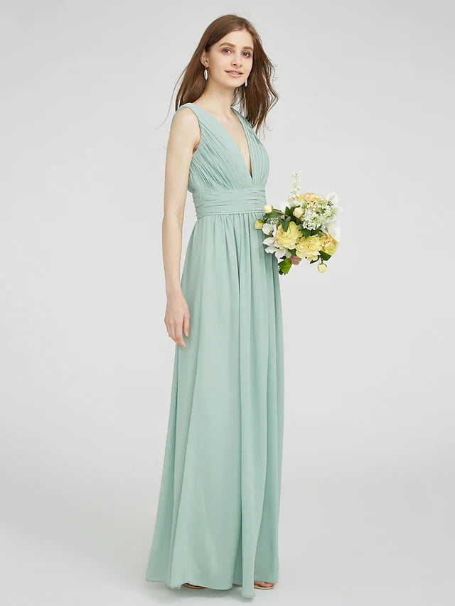 Sheath / Column Bridesmaid Dress V Neck Sleeveless Elegant Floor Length Chiffon with Ruched / Side Draping