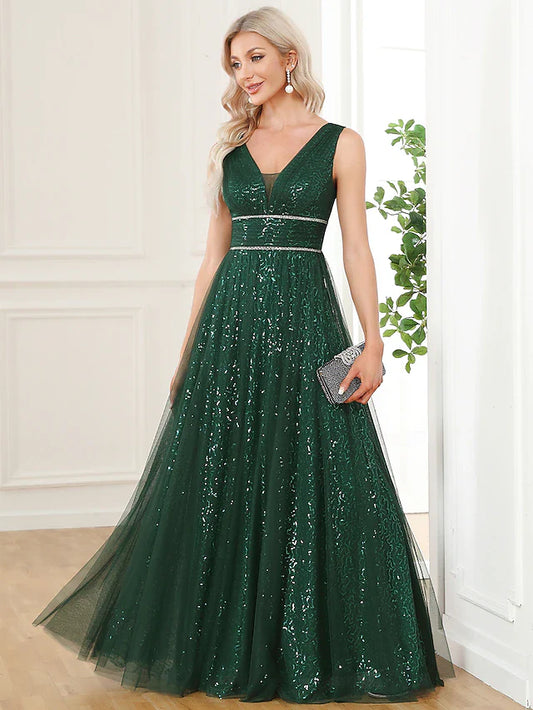 A-Line Prom Dresses Elegant Dress Party Wear Floor Length Sleeveless V Neck Sequined V Back with Sequin