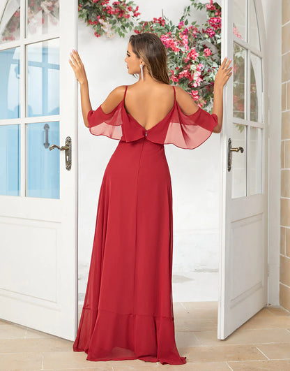 Off the Shoulder Burgundy Long Bridesmaid Dress with Ruffles