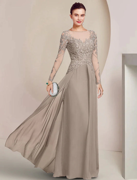 Sheath / Column Mother of the Bride Dress Formal Wedding Guest Elegant Scoop Neck Floor Length Chiffon Lace Long Sleeve with Beading Appliques