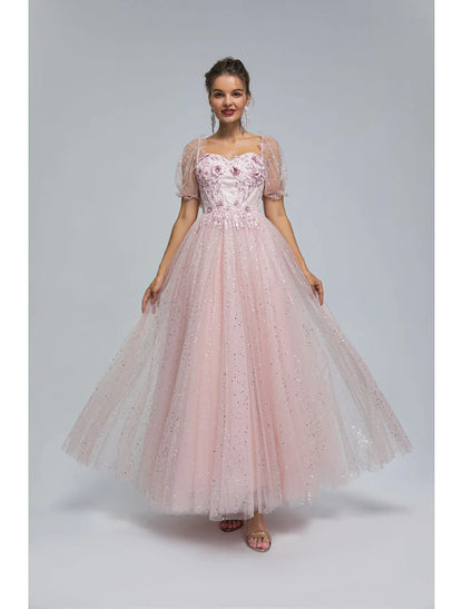 A-Line Prom Dresses Princess Dress Quinceanera Tea Length Short Sleeve Off Shoulder Tulle with Sequin Appliques