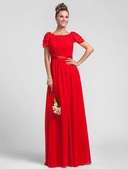 Sheath / Column Square Neck Floor Length Chiffon Bridesmaid Dress with Side Draping