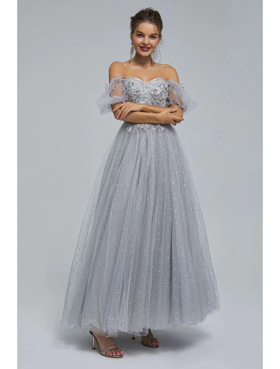 A-Line Prom Dresses Princess Dress Quinceanera Tea Length Short Sleeve Off Shoulder Tulle with Sequin Appliques