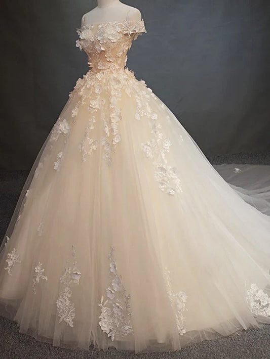 Engagement Vintage Formal Wedding Dresses Cathedral Train Ball Gown Cap Sleeve Off Shoulder Lace With Pearls Appliques