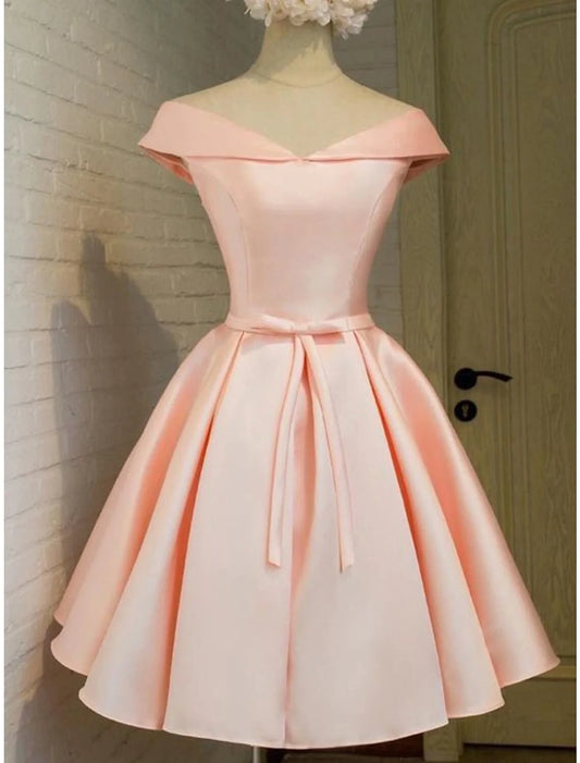 A-Line Homecoming Dresses Elegant Dress Holiday Short / Mini Sleeveless Off Shoulder Pink Dress Satin with Strappy