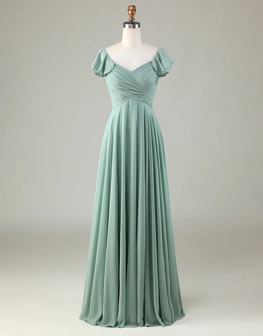 Simple Lace-Up Back A Line Chiffon Green Bridesmaid Dress with Ruffles