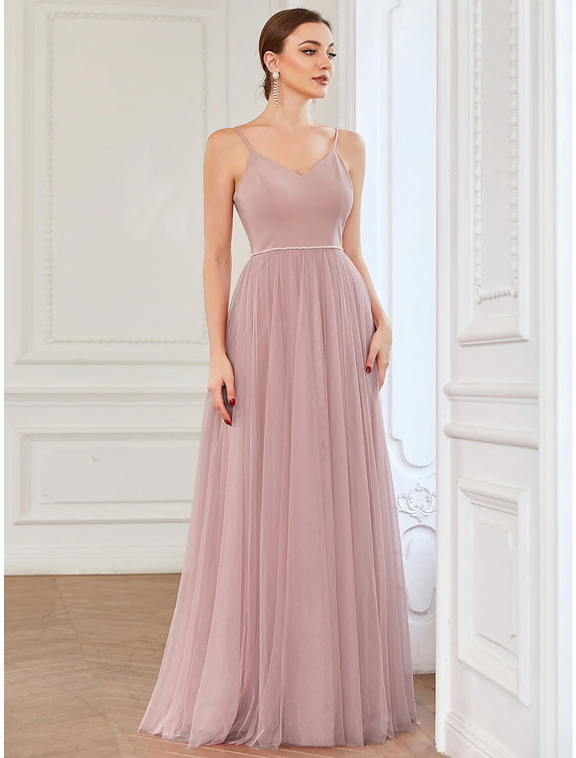 A-Line Prom Dresses Vintage Dress Wedding Guest Floor Length Sleeveless V Neck Tulle V Back with Pleats Draping