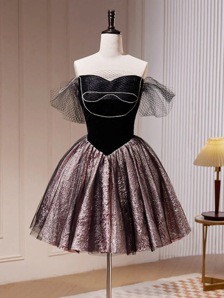 Cute A-Line Black Off Shoulder Tulle Short Prom Dress Homecoming Dress