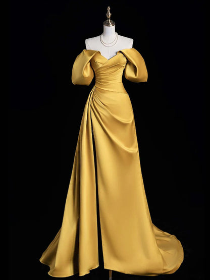 A-Line Off Shoulder Satin Gold Long Prom Dress Evening Dress