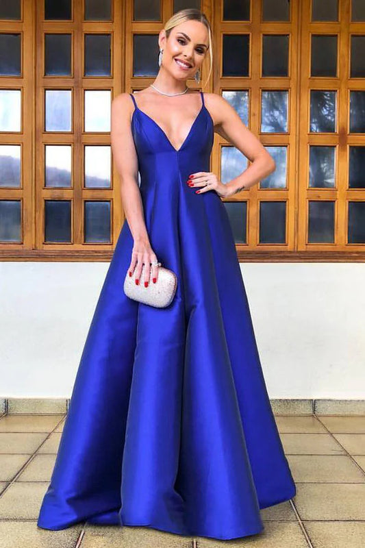 A-Line Spaghetti Straps Royal Blue Satin Prom Dress