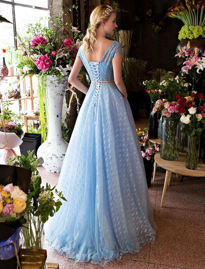 V Neck Beading Cap Sleeve Pleated Lace Tulle Baby Blue Formal Evening Dresses A-Line Princess