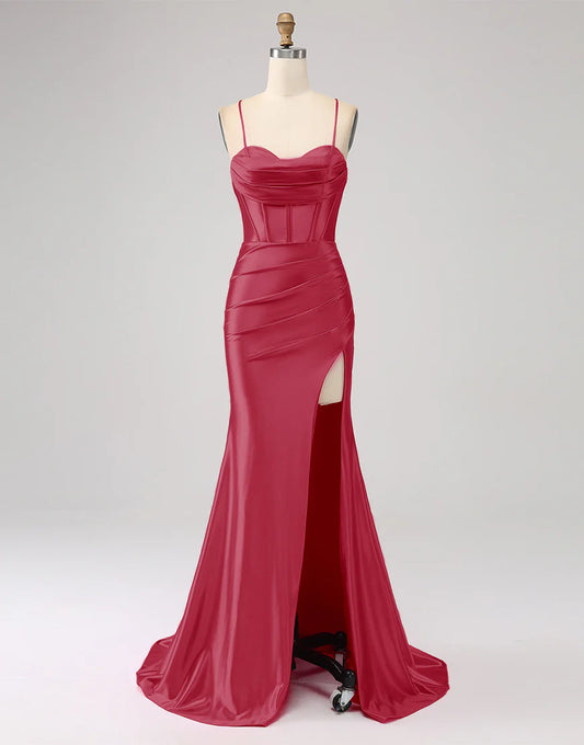 Burgundy Satin Long Sheath Spaghetti Strap Prom Dress with Split