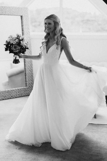 A-Line V Neck White Chiffon Wedding Dress with Appliques