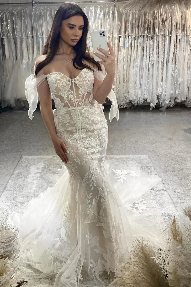 Mermaid Off the Shoulder Tulle Appliques Wedding Dresses