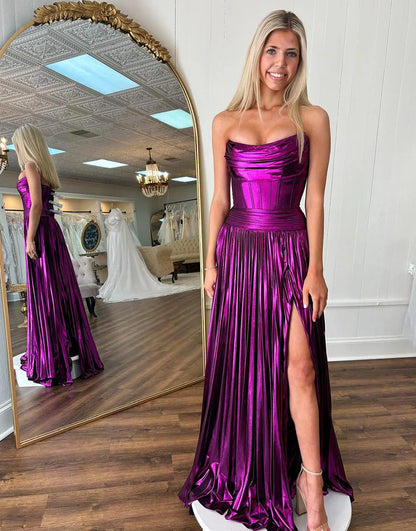 Purple A Line Satin Cute Long Prom Dress With Slit