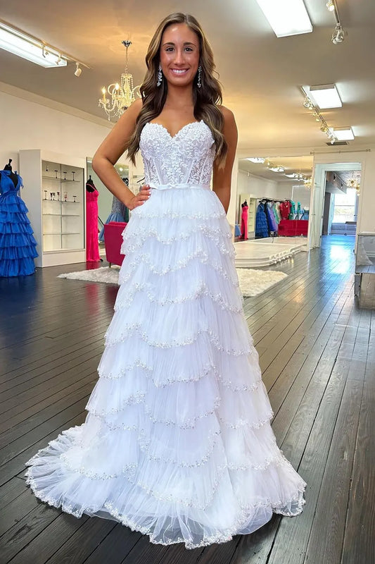 Princess A Line Spaghetti Straps White Corset Prom Dress Appliques Ruffles With Slit