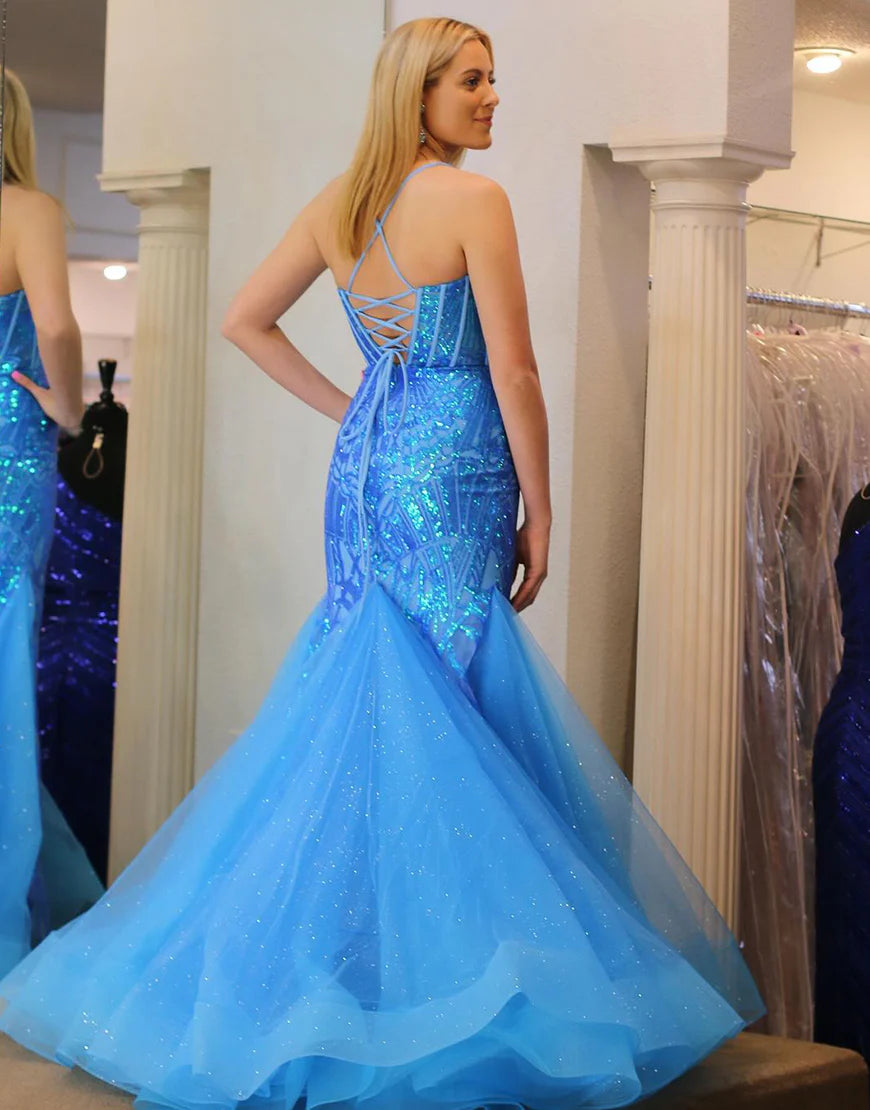 Blue Mermaid Sequin Lace Sweetheart Tulle Long Prom Dress With Lace Up Back