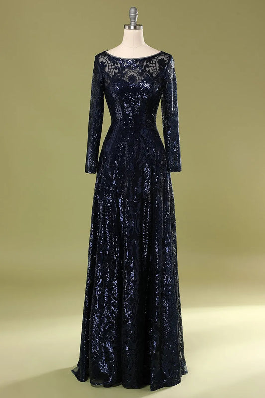 A-Line Navy Long Sleeves Mother Dress Sequins/Sparkling Wedding Guest Dresses