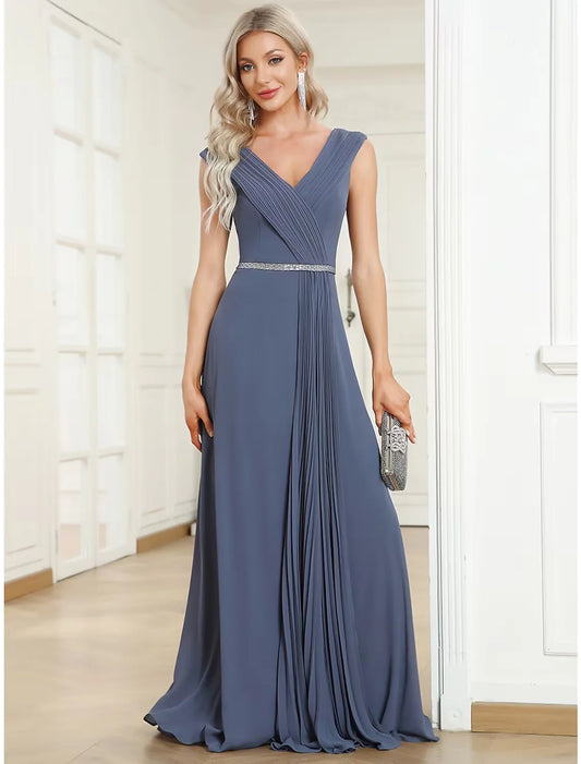 A-Line Wedding Guest Dresses Minimalist Dress Formal Floor Length Sleeveless V Neck Chiffon with Pleats Pure Color