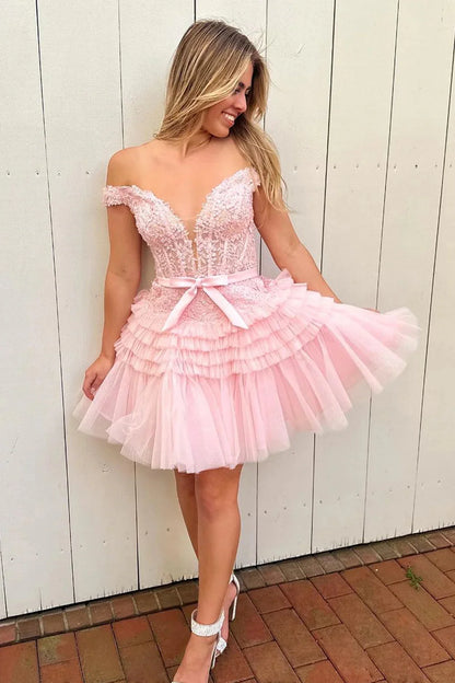 Princess Off the Shoulder Fuchsia Short Homecoming Dress with Ruffles