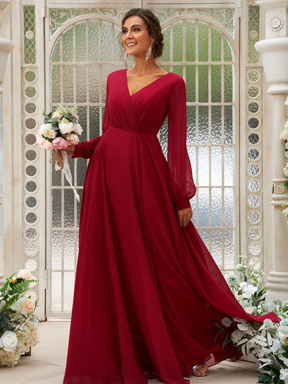 A-Line Princess Chiffon Ruched V-neck Long Sleeves Floor-Length Bridesmaid Dresses