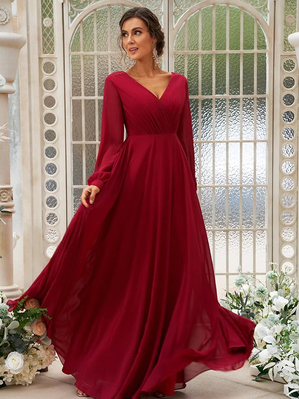 A-Line Princess Chiffon Ruched V-neck Long Sleeves Floor-Length Bridesmaid Dresses