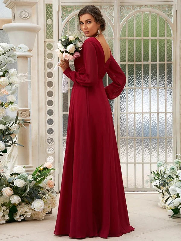 A-Line Princess Chiffon Ruched V-neck Long Sleeves Floor-Length Bridesmaid Dresses