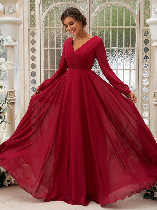 A-Line Princess Chiffon Ruched V-neck Long Sleeves Floor-Length Bridesmaid Dresses