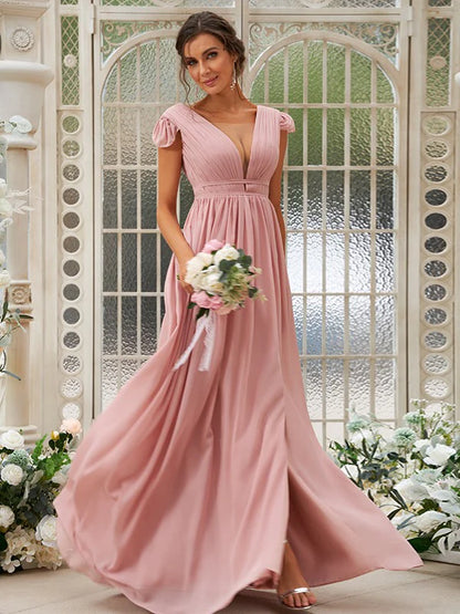 A-Line Princess Chiffon Ruffles V-neck Sleeveless Bridesmaid Dresses