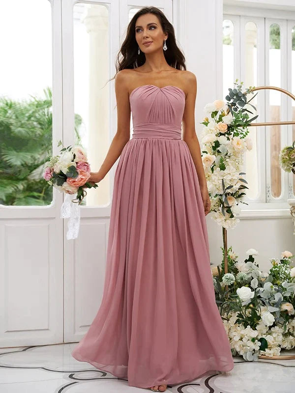 A-Line Princess Chiffon Ruffles Strapless Sleeveless Floor-Length Bridesmaid Dresses