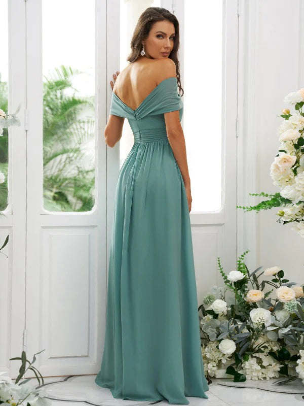 A-Line Princess Chiffon Ruched Off-the-Shoulder Sleeveless Floor-Length Bridesmaid Dresses