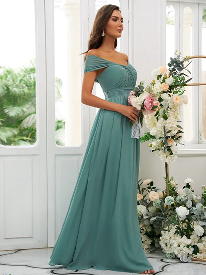 A-Line Princess Chiffon Ruched Off-the-Shoulder Sleeveless Floor-Length Bridesmaid Dresses