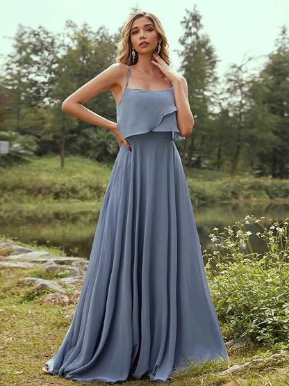 A-Line Princess Chiffon Ruffles Spaghetti Straps Sleeveless Floor-Length Bridesmaid Dresses