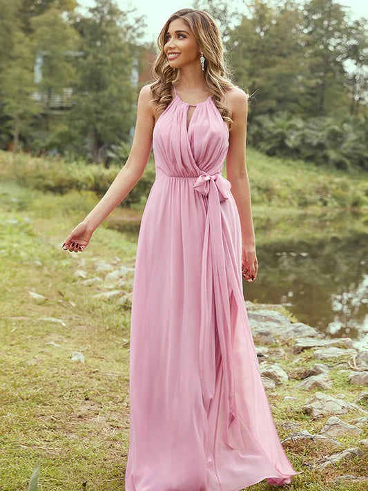 A-Line Princess Chiffon Ruffles Halter Sleeveless Bridesmaid Dresses