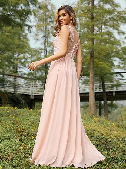 A-Line Princess Chiffon Lace V-neck Sleeveless Floor-Length Bridesmaid Dresses