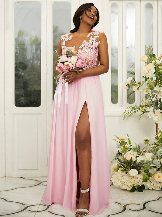 A-Line Princess Chiffon Applique Scoop Sleeveless Floor-Length Bridesmaid Dresses