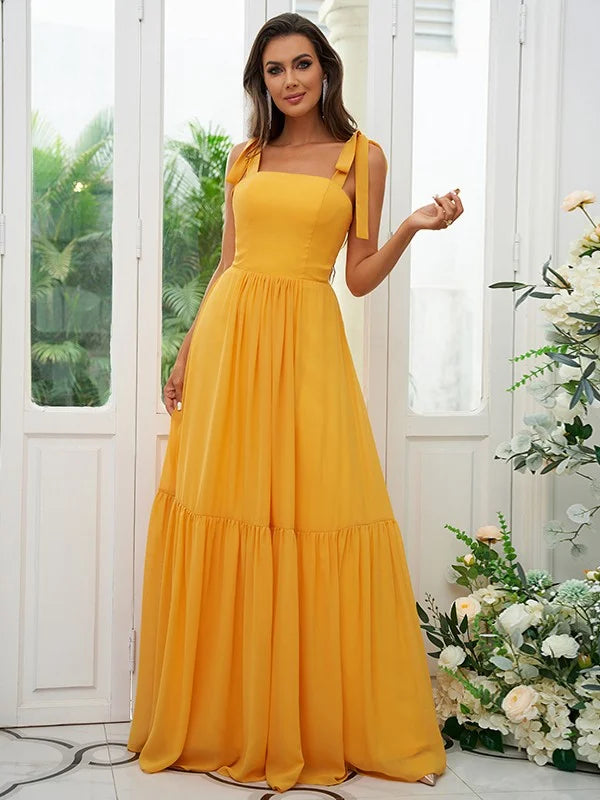 A-Line Princess Chiffon Ruffles Straps Sleeveless Floor-Length Bridesmaid Dresses