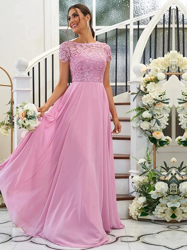 A-Line Princess Chiffon Lace Scoop Short Sleeves Floor-Length Bridesmaid Dresses