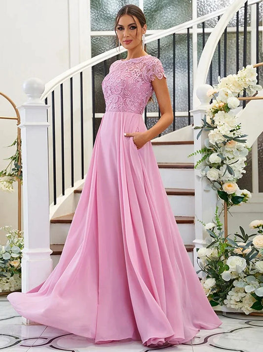 A-Line Princess Chiffon Lace Scoop Short Sleeves Floor-Length Bridesmaid Dresses