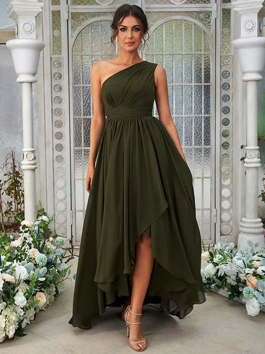 A-Line Princess Chiffon Ruffles One-Shoulder Sleeveless Asymmetrical Bridesmaid Dresses