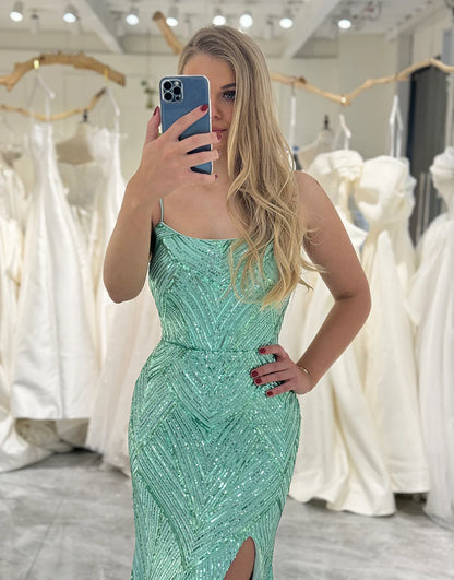 Glitter Mermaid Long Spaghetti Strap Sequins Prom Dress With Slit