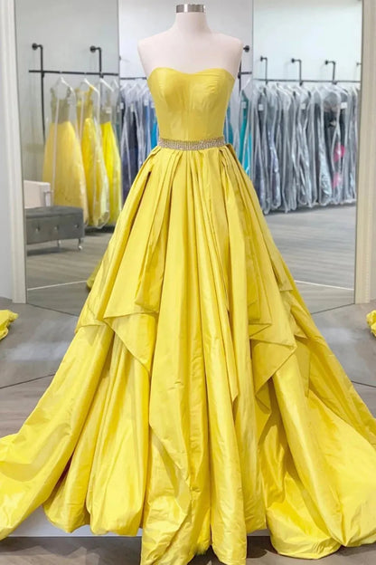 A Line Sweetheart Ball Gown Yellow Long Prom Dress with Beading