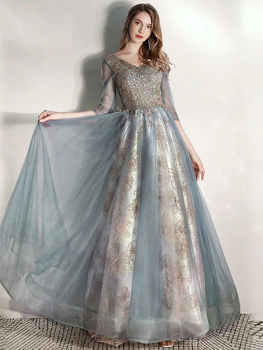 A-Line Prom Dresses Elegant Dress Engagement Floor Length Half Sleeve V Neck Tulle with Pleats Pattern / Print Appliques