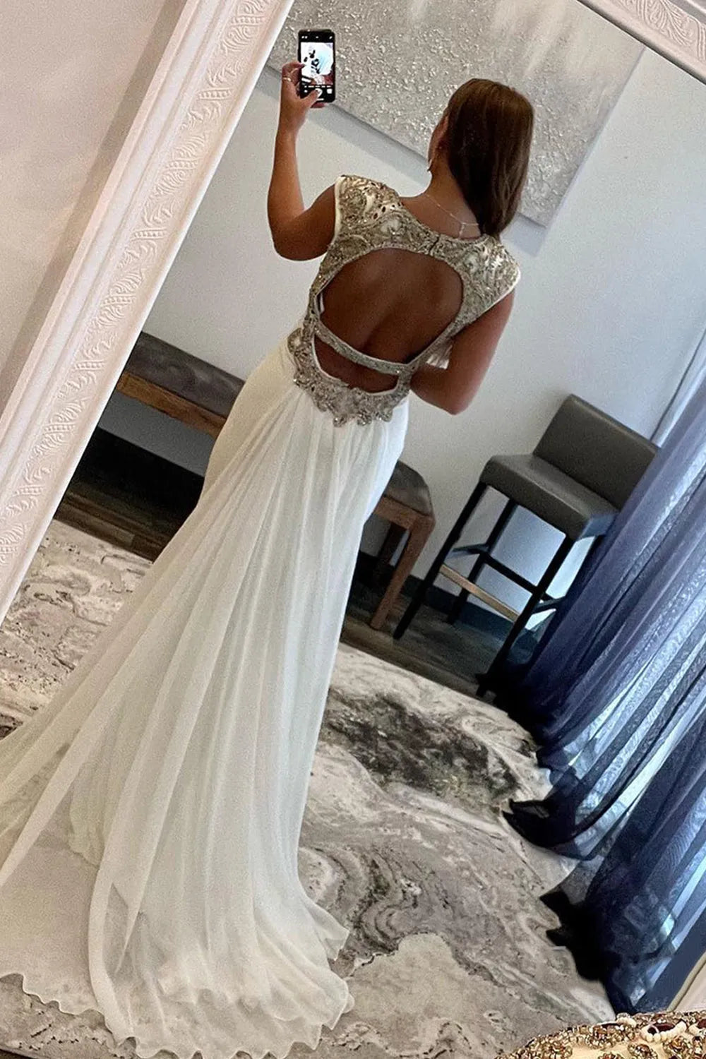 White Deep V-Neck Backless Prom Dress Beading Dress With Slit